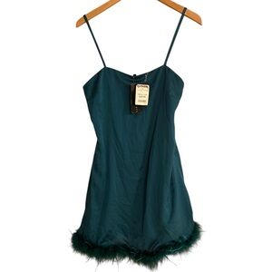 Elegant Teal Feather-Trim Chemise